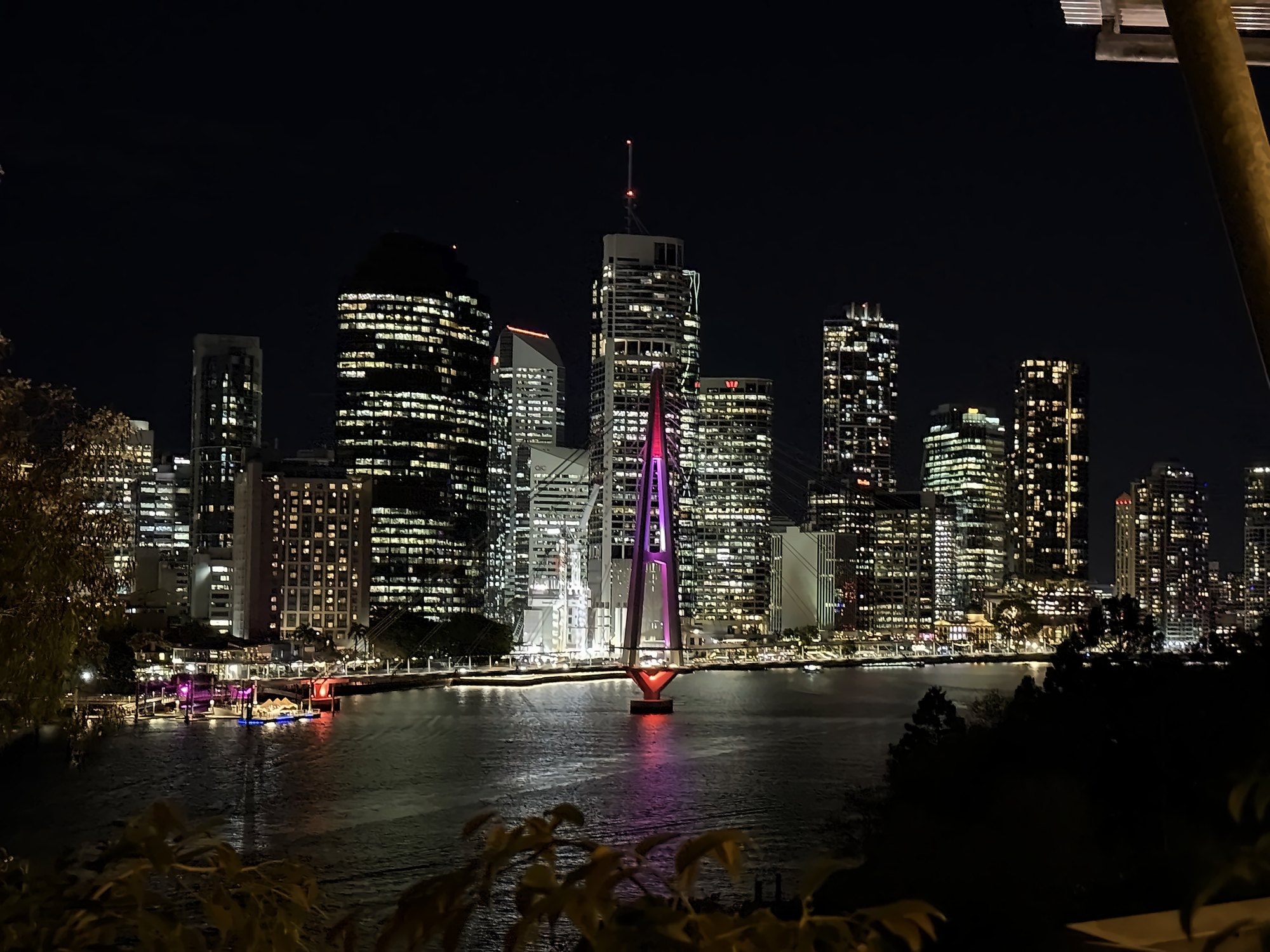 Brisbane CBD at night across the river, framed by trees at Kangaroo Point
